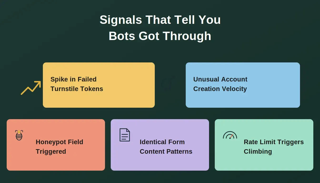Five monitoring signals that indicate agentic bot traffic: Failed Turnstile Tokens, Account Creation Velocity, Honeypot Triggered, Identical Form Patterns, Rate Limit Climbing