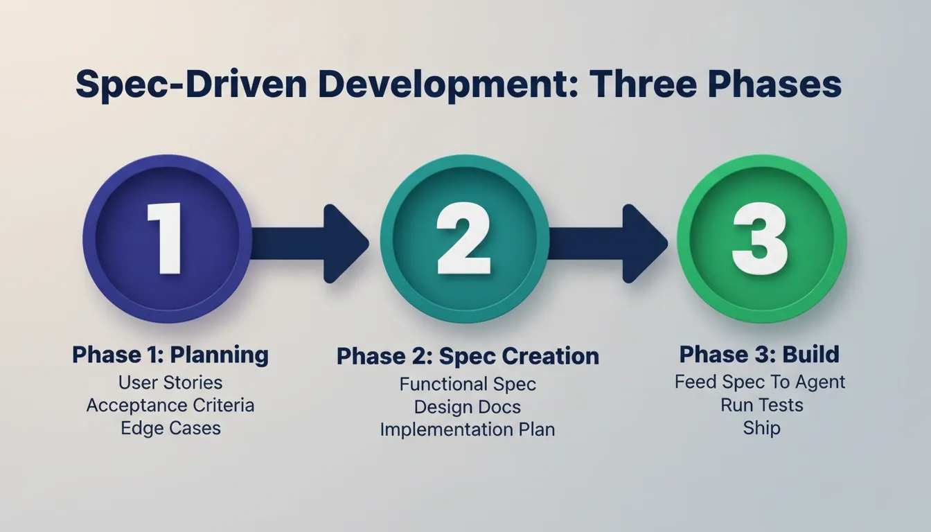 Spec-Driven Development Three Phases showing three 3D circular badges: Phase 1 Planning, Phase 2 Spec Creation, Phase 3 Build, connected by bold arrows