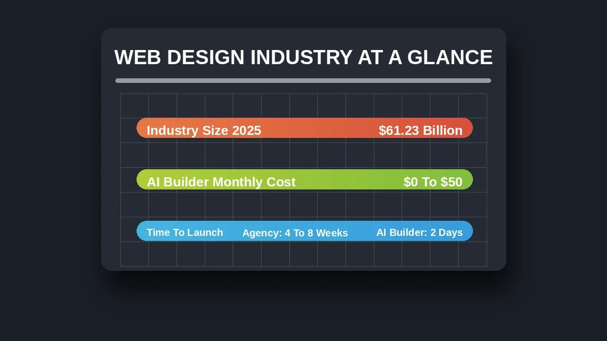 Bar chart comparing web design industry size at $61.23 billion, agency cost of $5K to $30K plus, versus AI builder cost of $0 to $50 per month
