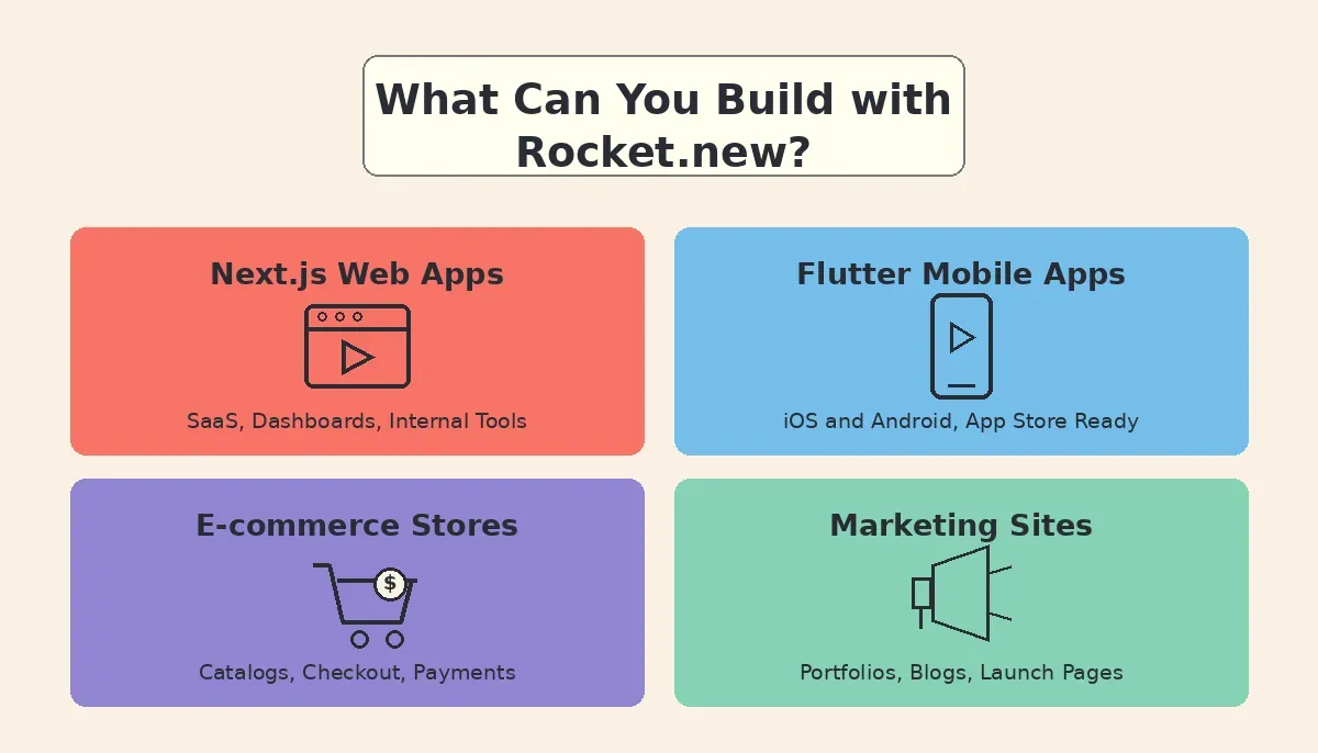 Rocket.new Build produces four types of output: Next.js web apps, Flutter mobile apps, e-commerce stores, and marketing sites.
