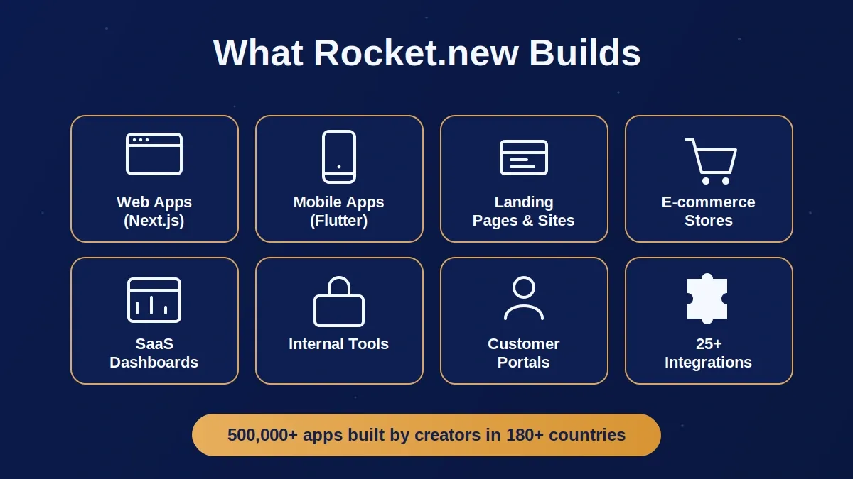 Feature grid showing six output types Rocket.new builds