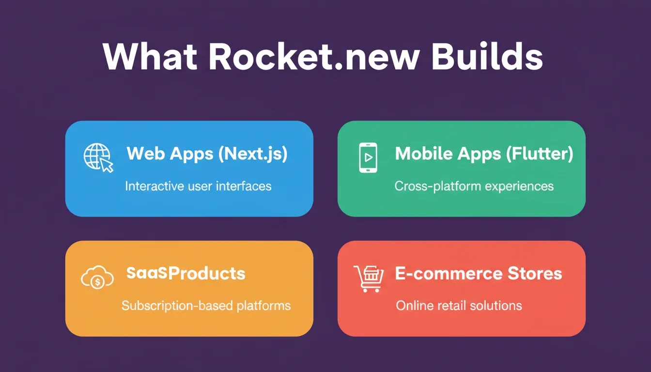What Rocket.new Builds — four quadrant cards showing Web Apps, Mobile Apps, SaaS Products, and E-commerce Stores